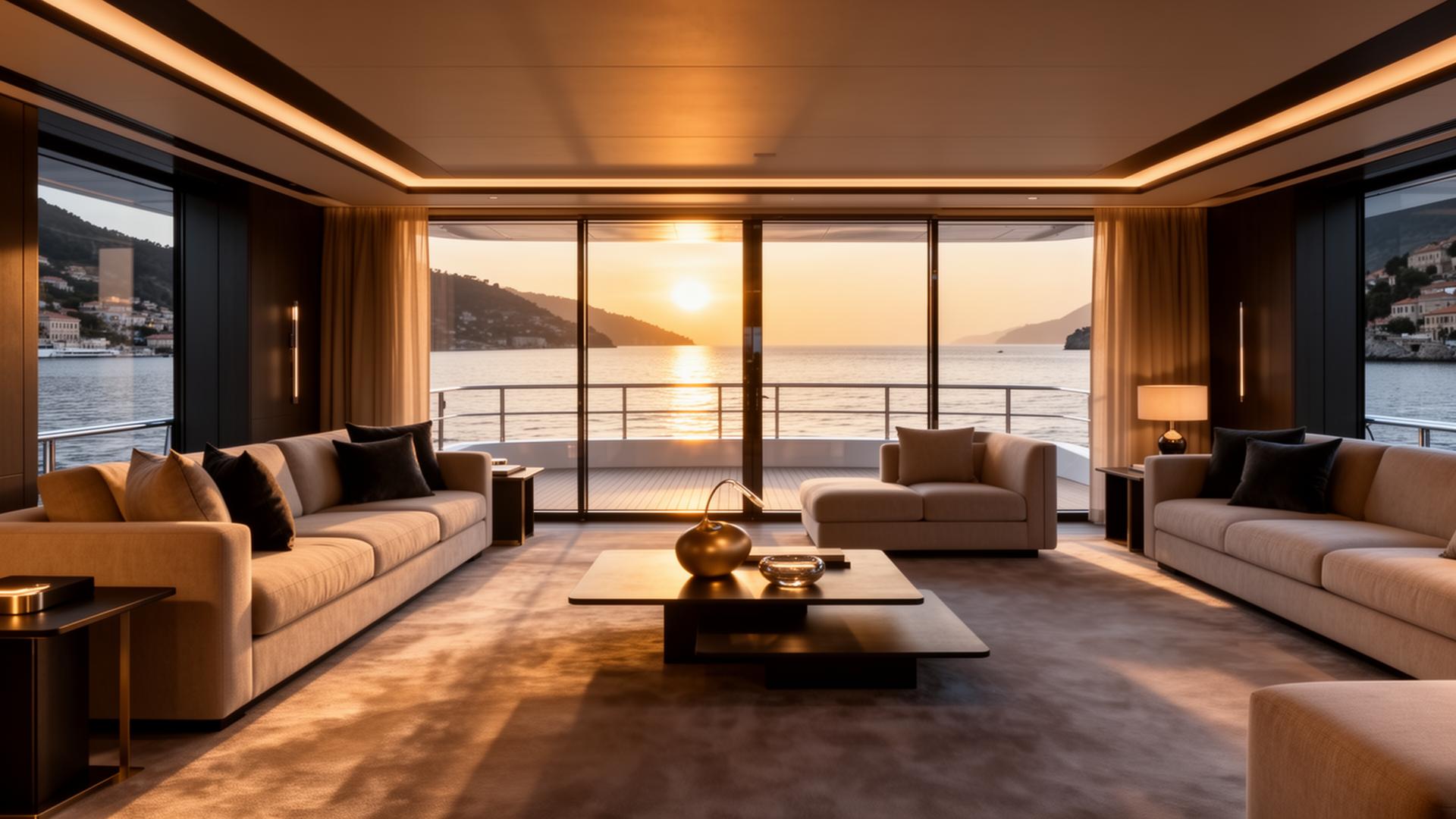 Armani-designed superyacht salon at golden hour with Mediterranean view