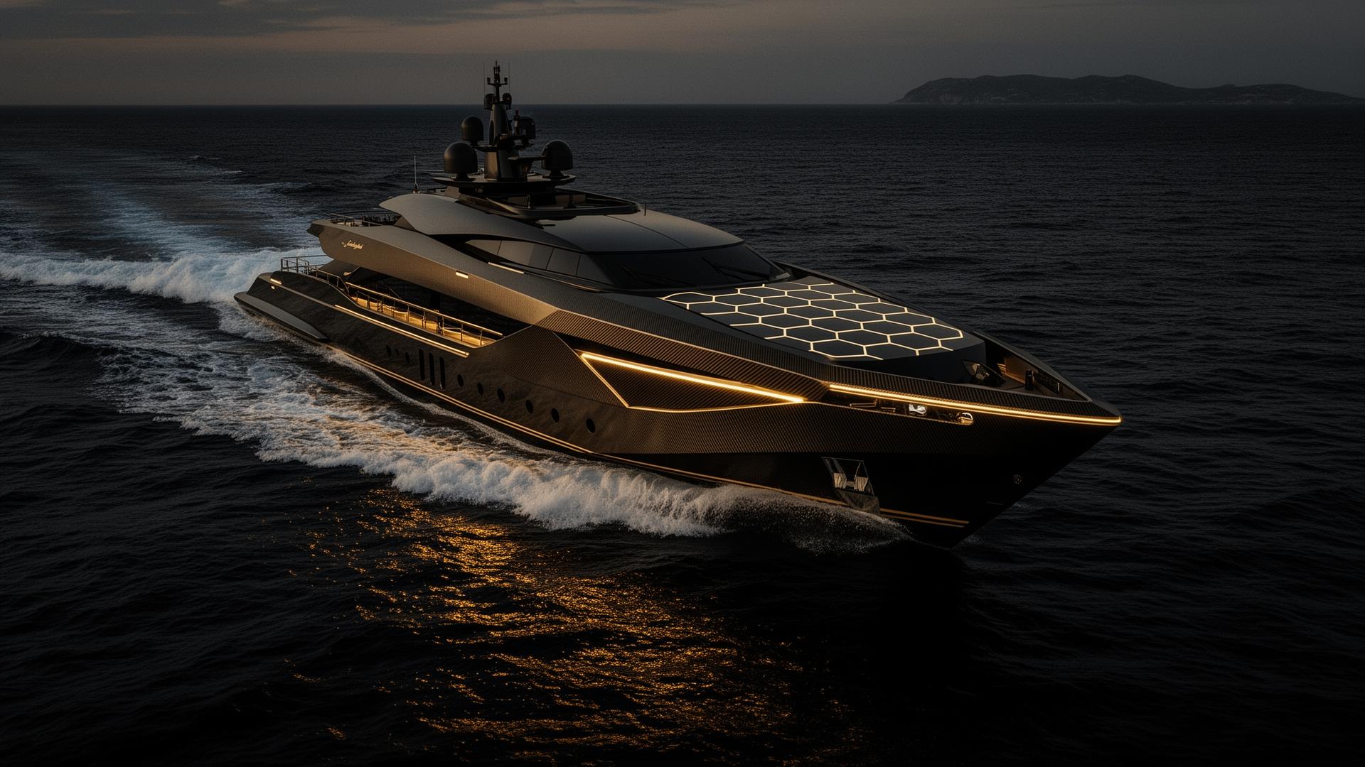 Sculptural superyacht with hexagonal carbon-fiber detailing cutting through dark Mediterranean waters at dusk