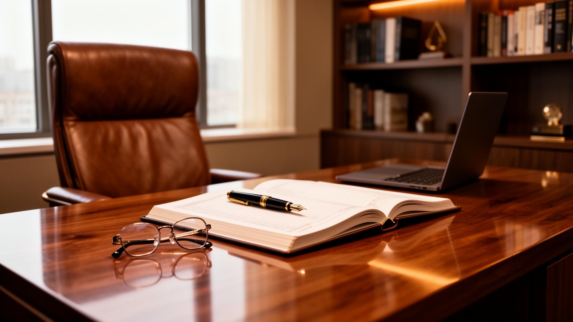 Professional financial advisor's office with ledger book, fountain pen, and laptop