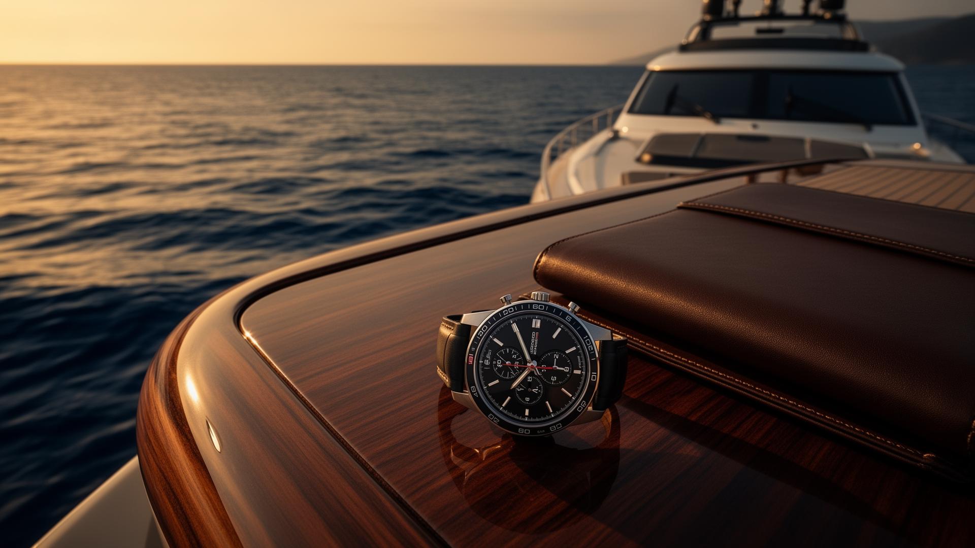 Luxury yacht at golden hour with executive chronograph and leather portfolio — From the Hull to the Heart