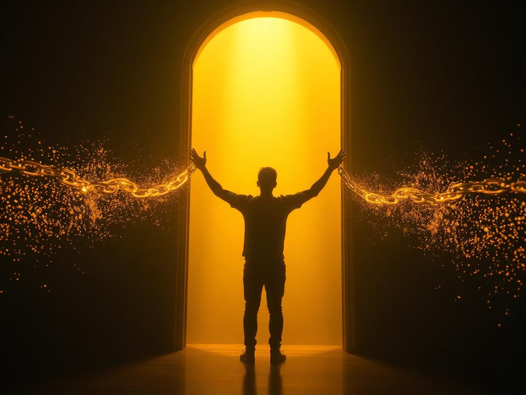Silhouette breaking free from golden chains — releasing the need for others' approval