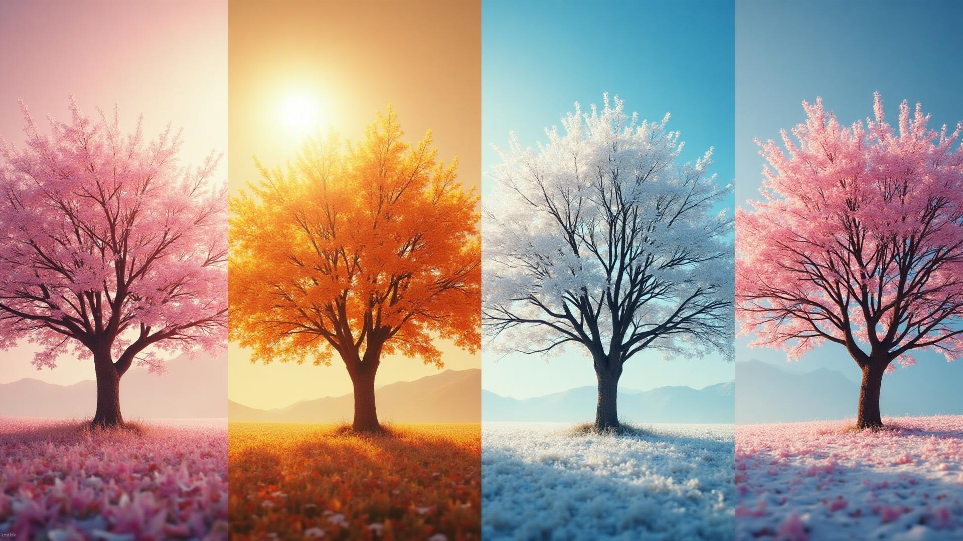 Four seasons collage showing spring blossoms, summer sunshine, autumn leaves, and winter snow