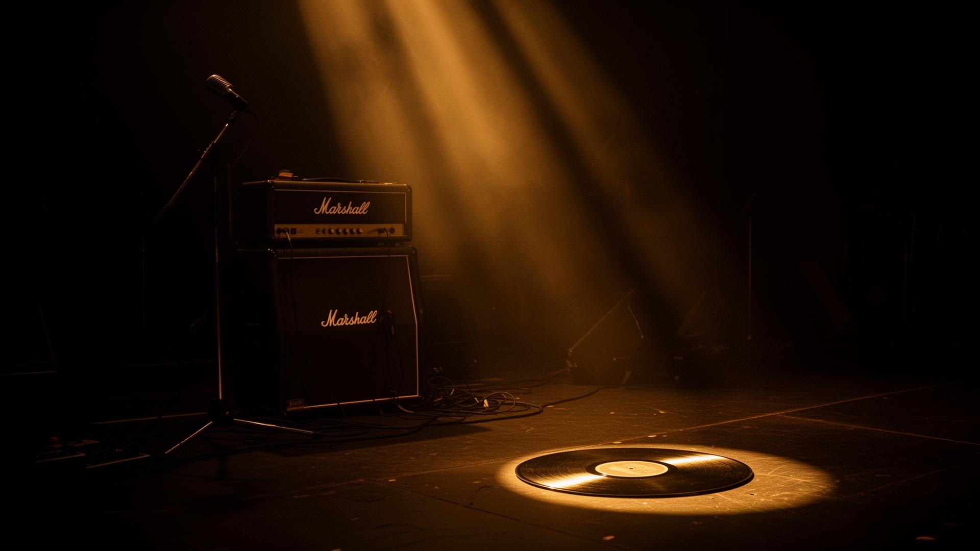 Empty stage at dawn — Marshall amplifier and vinyl record under golden light beams