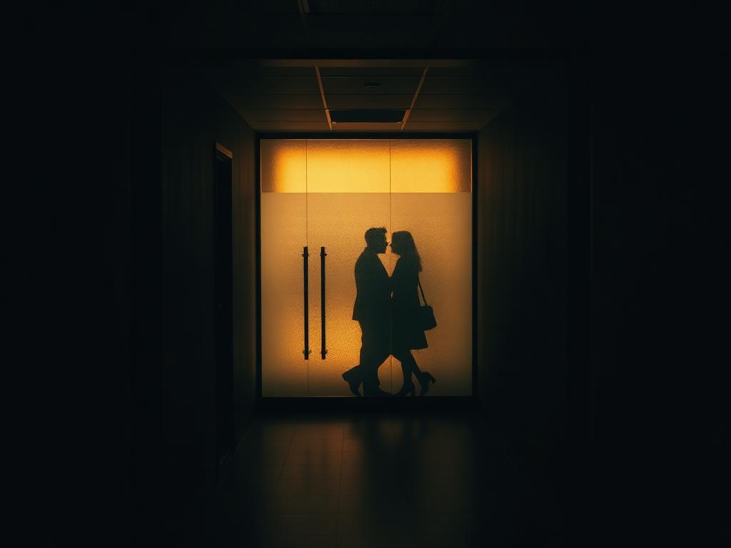 Shadowy figures whispering behind frosted glass — the architecture of workplace gossip