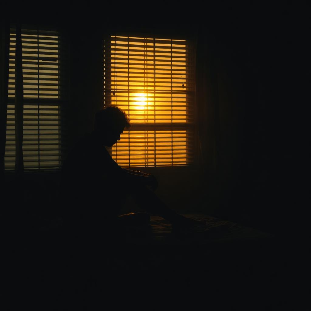 Solitary silhouette at a window at dawn — sitting with the feeling before the story begins