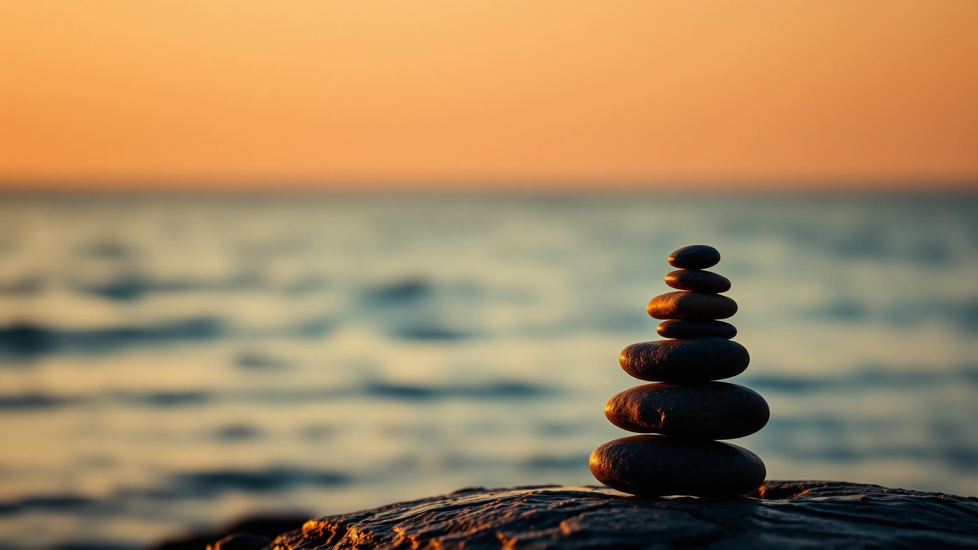 Balanced zen stones near ocean at golden hour