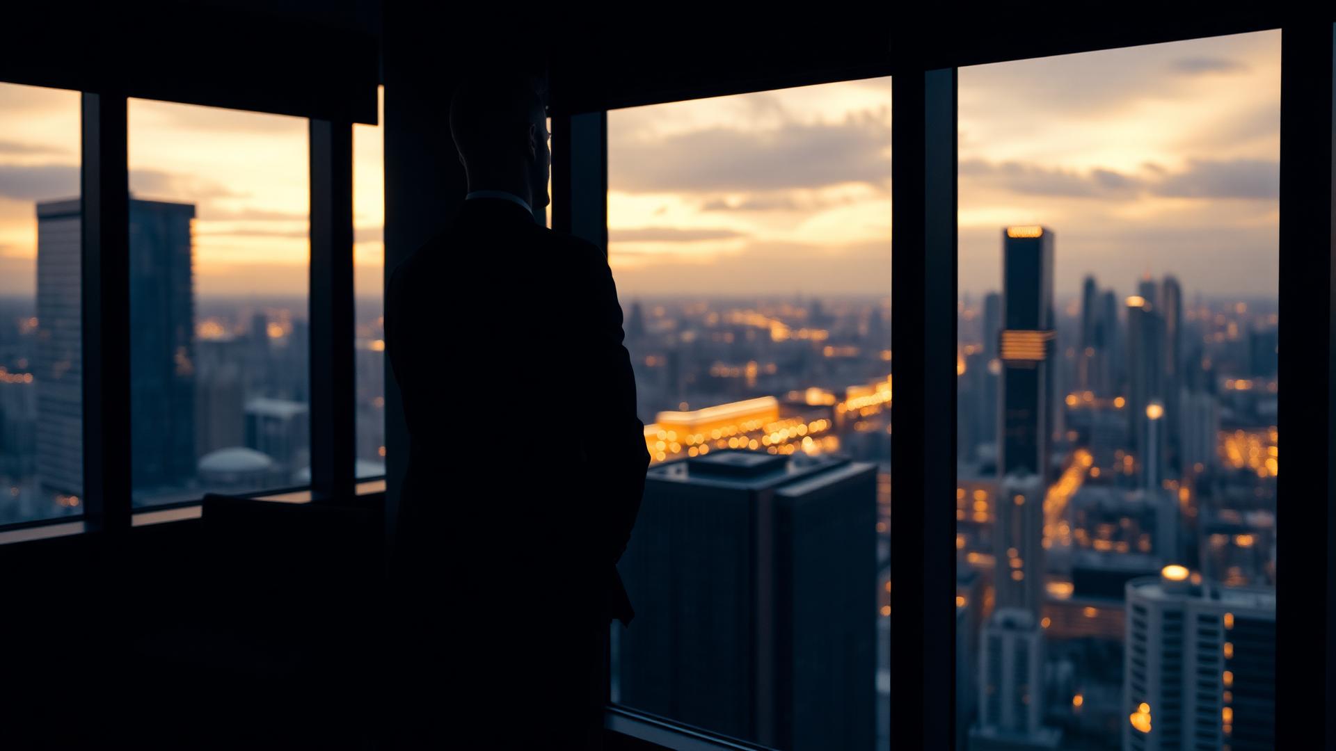 CEO silhouette at office window overlooking city at dusk
