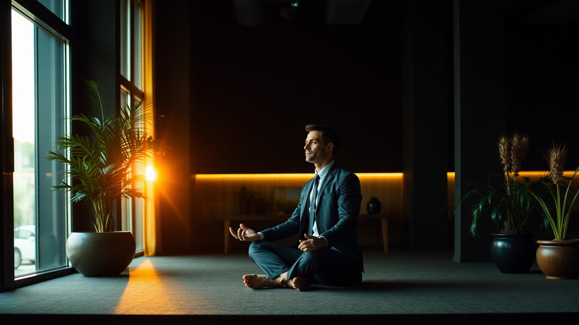 Executive meditating in serene modern office with sunrise light