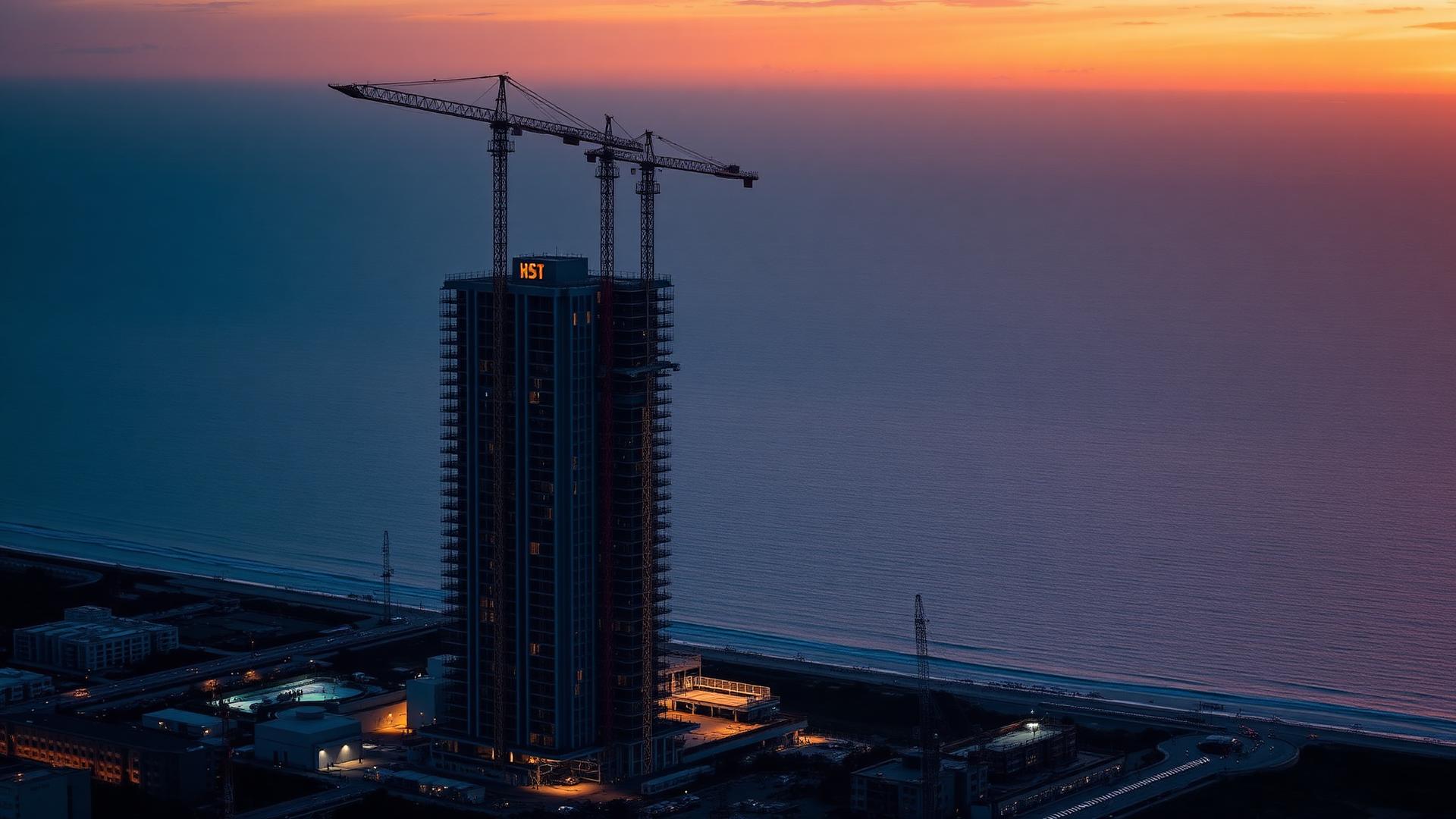 Beachfront high-rise under construction at sunset