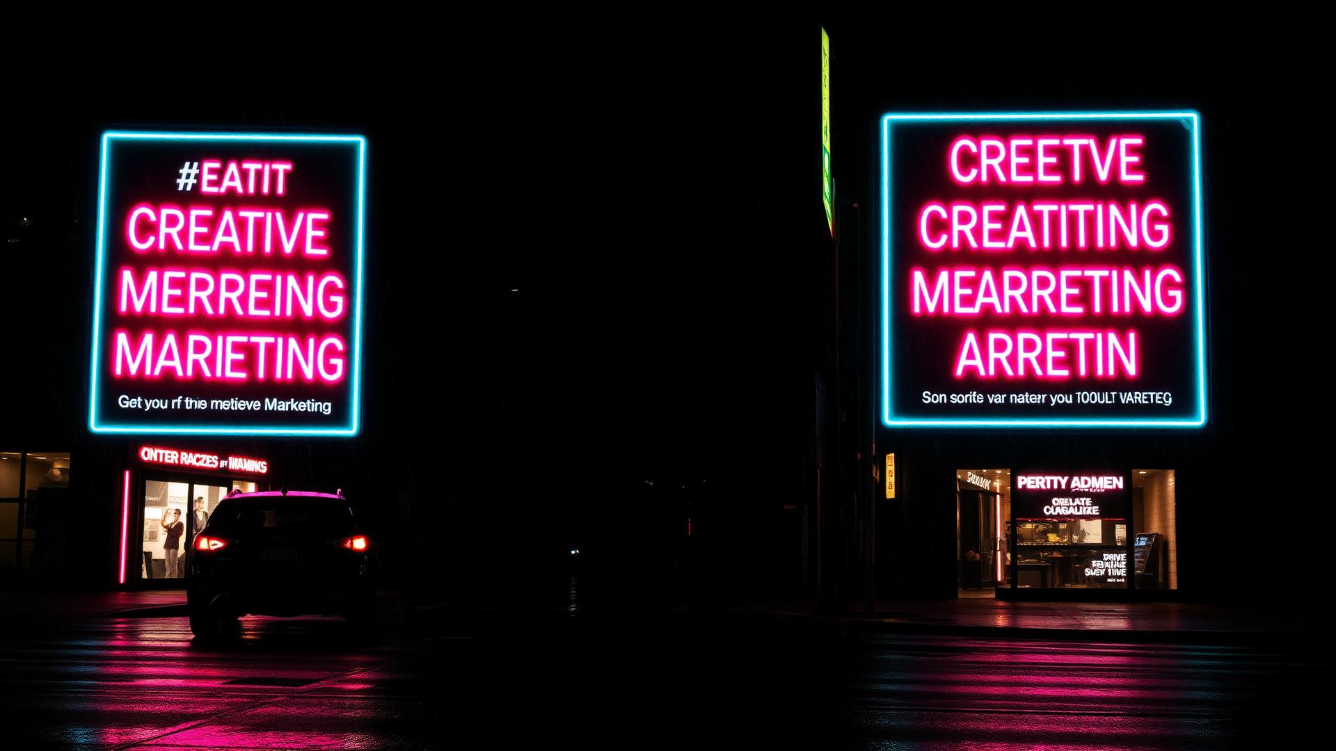 Neon advertising billboards at night on rain-soaked streets