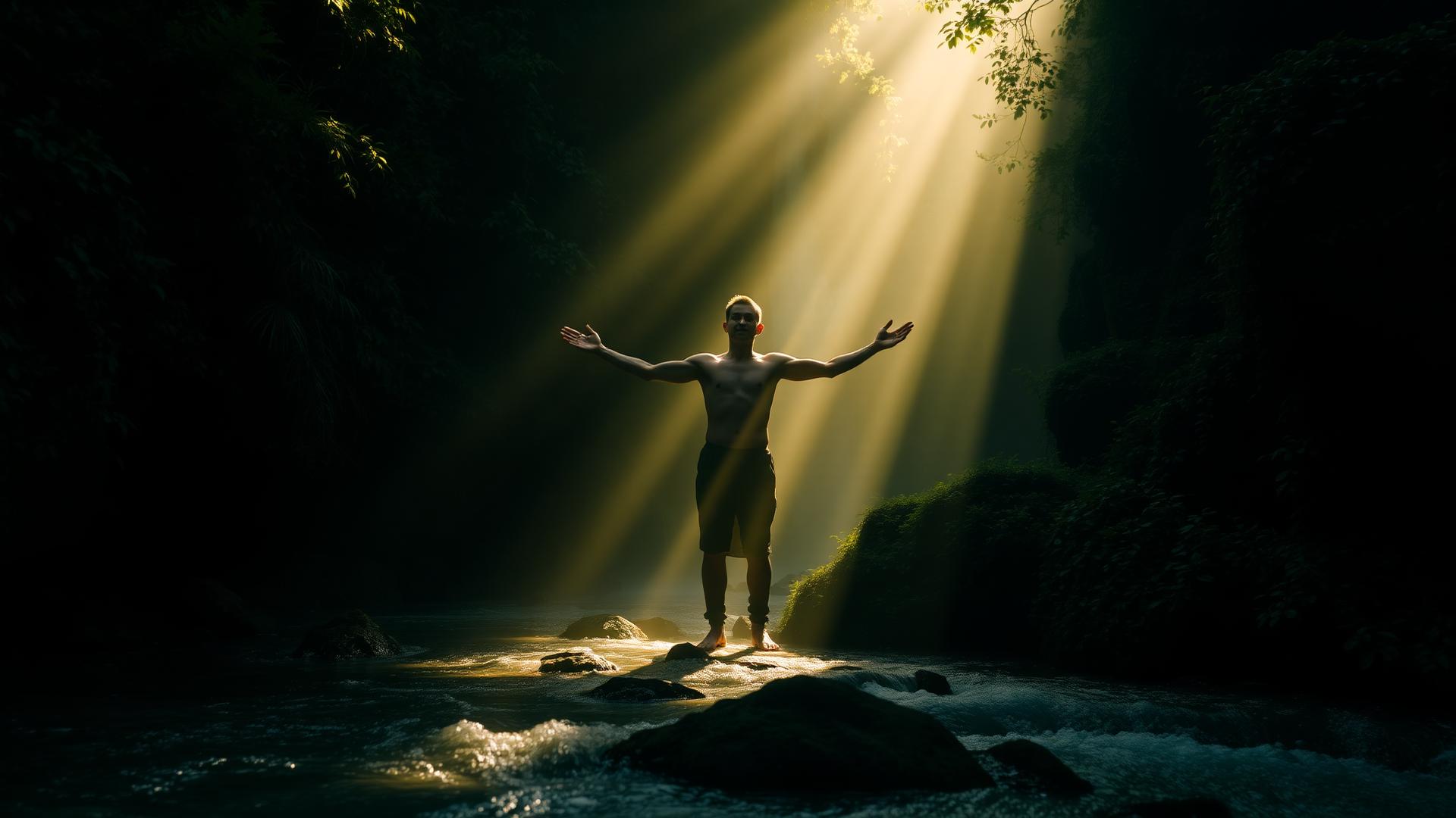 Person standing in healing light surrounded by nature