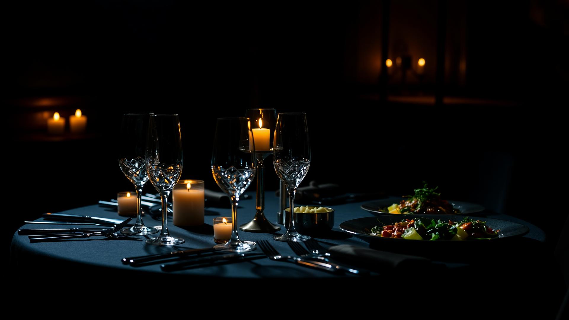 Elegant fine dining table with candlelight and crystal glassware
