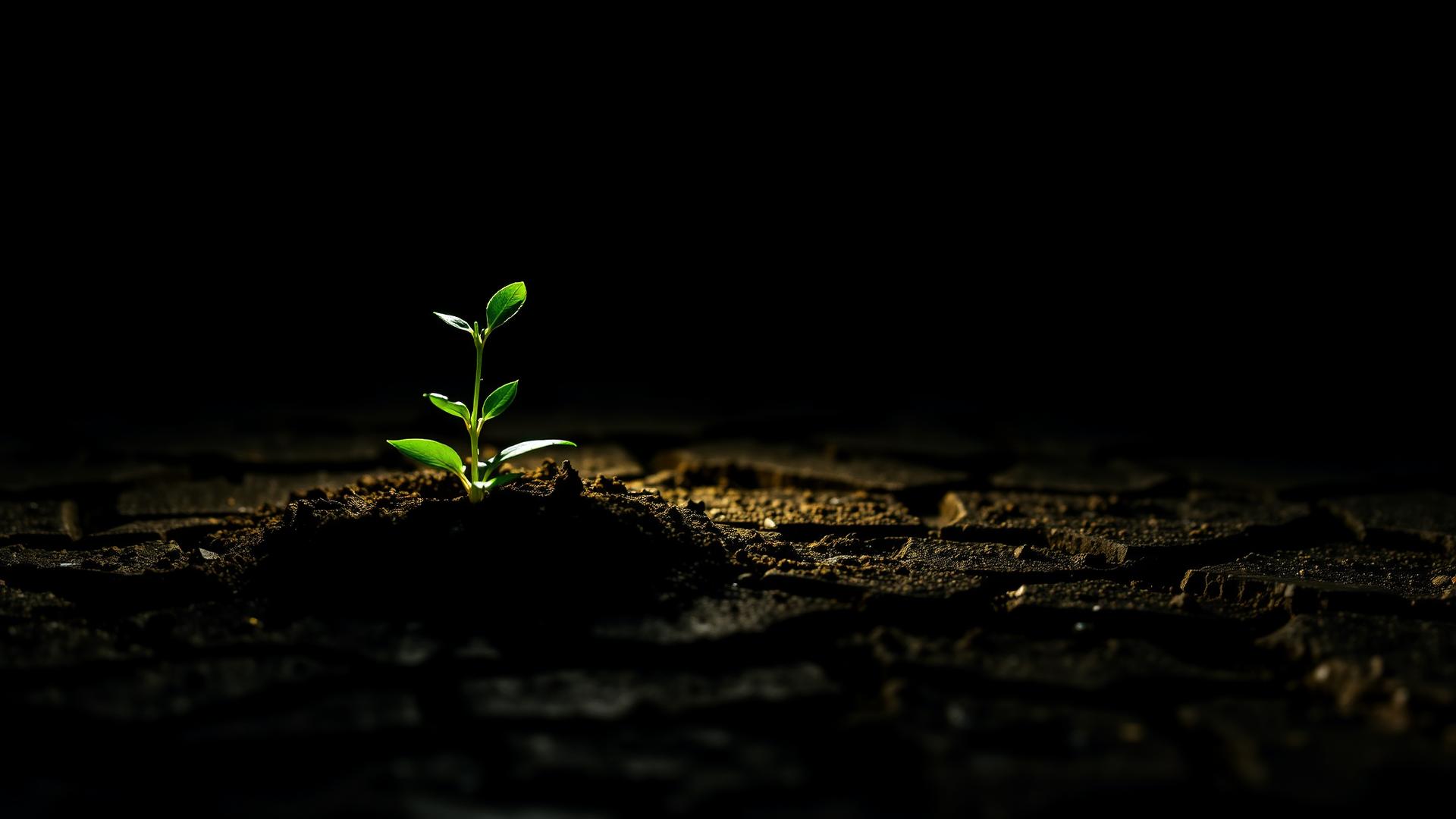 Green seedling growing from cracked earth with dramatic spotlight