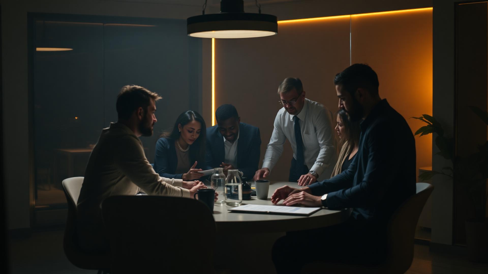 Diverse professionals collaborating around table with warm ambient lighting