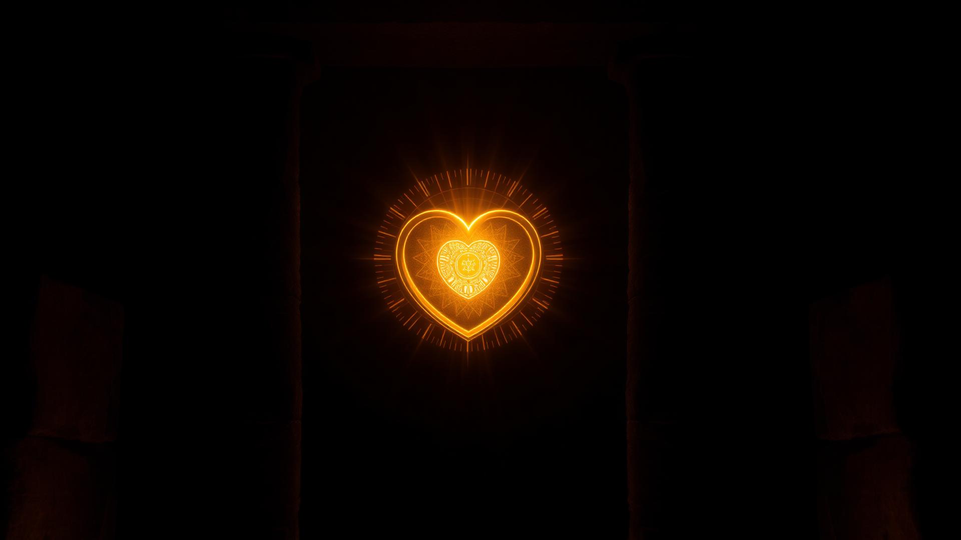 Golden heart radiating light through ancient stone pillars