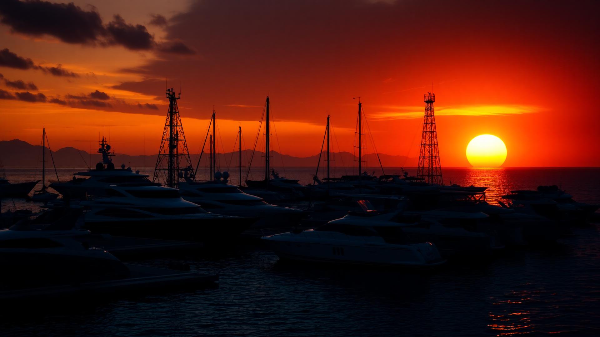 Ocean marina at sunset with yachts and radio tower silhouettes