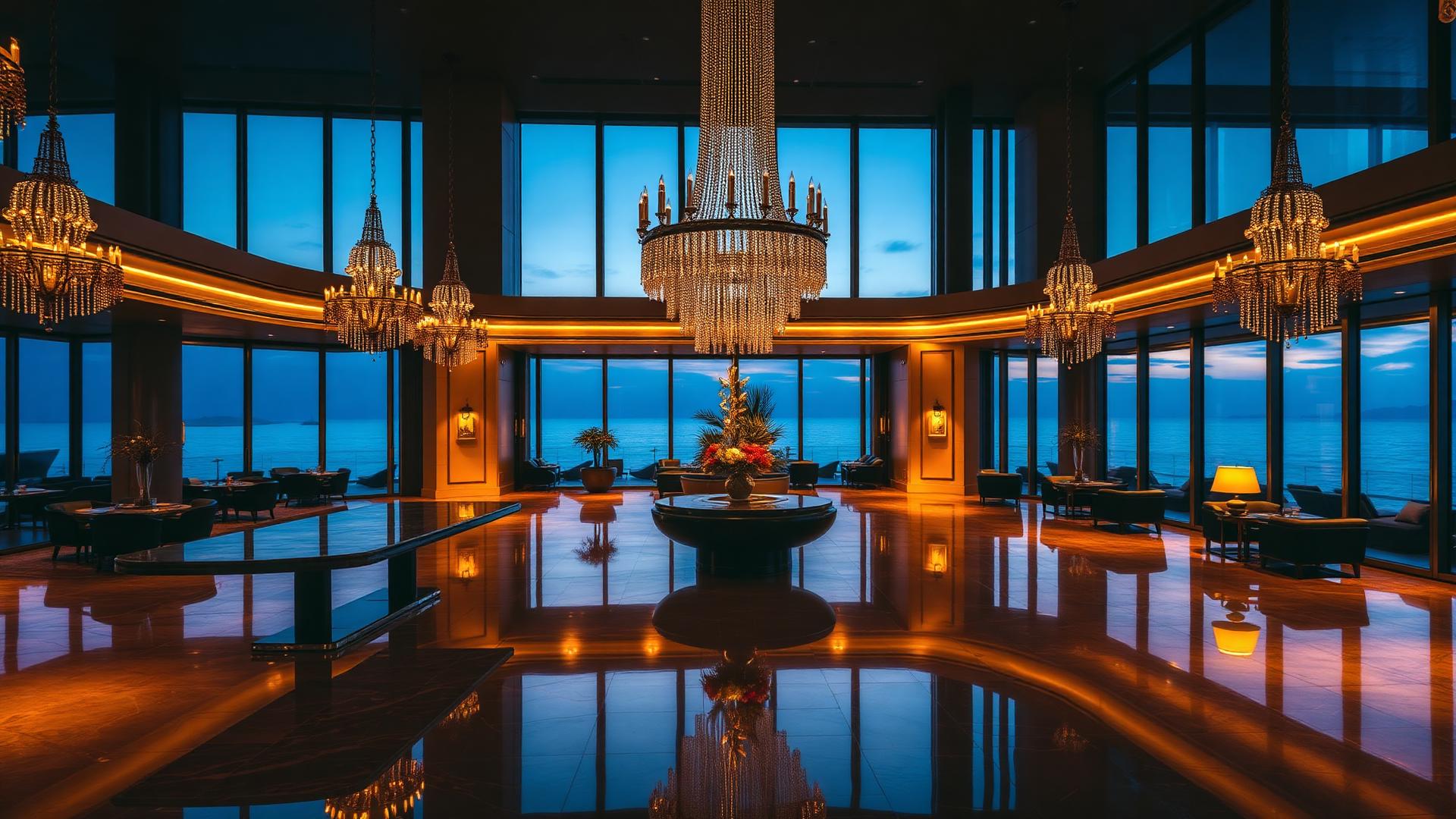 Luxury resort lobby with crystal chandeliers and ocean view at twilight