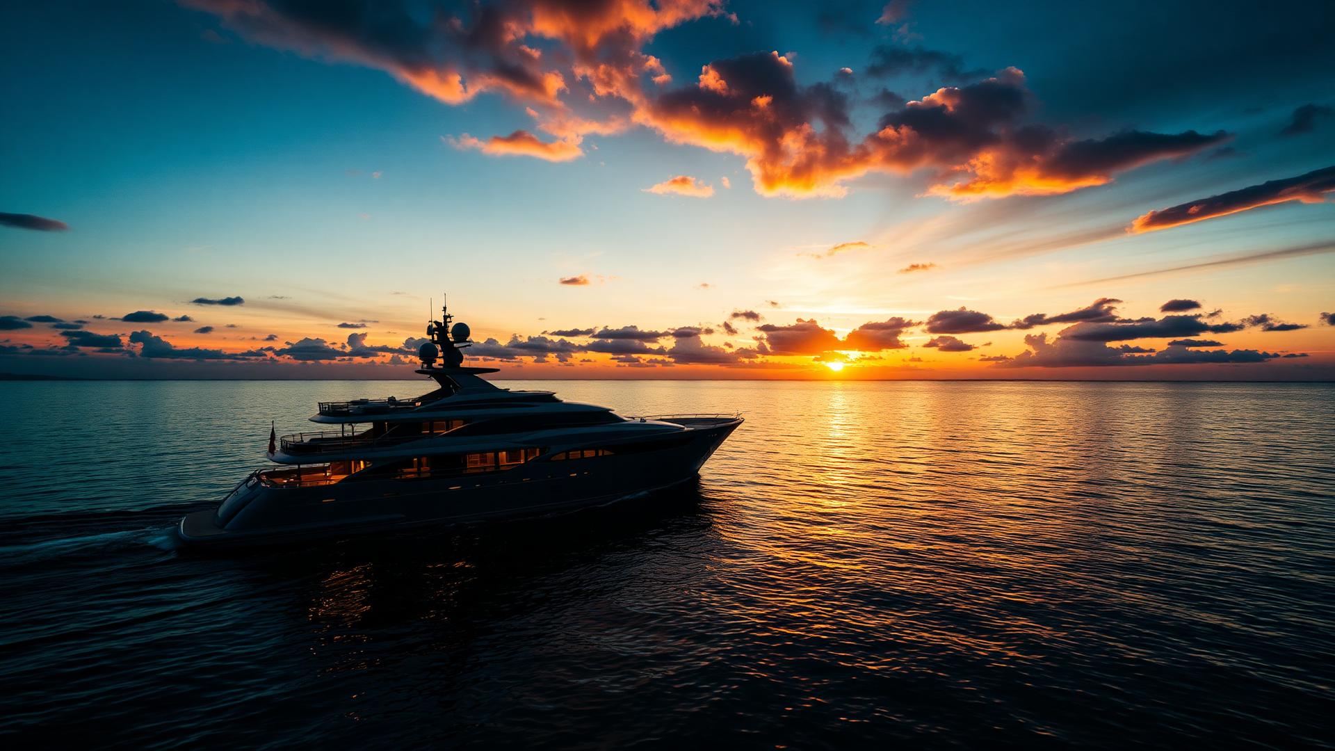 Yacht on open ocean at sunset