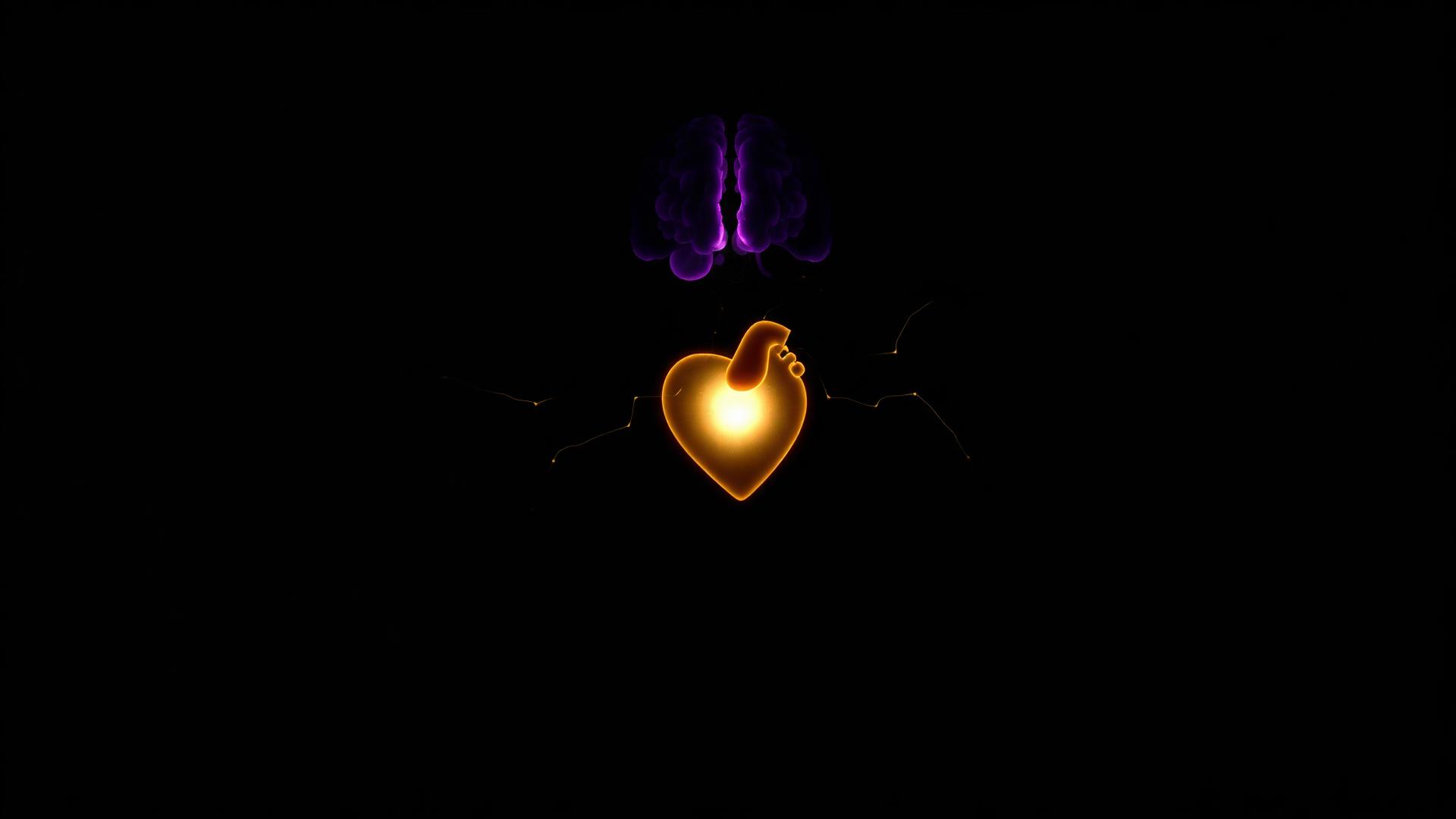 Brain and heart connected by golden energy on dark background