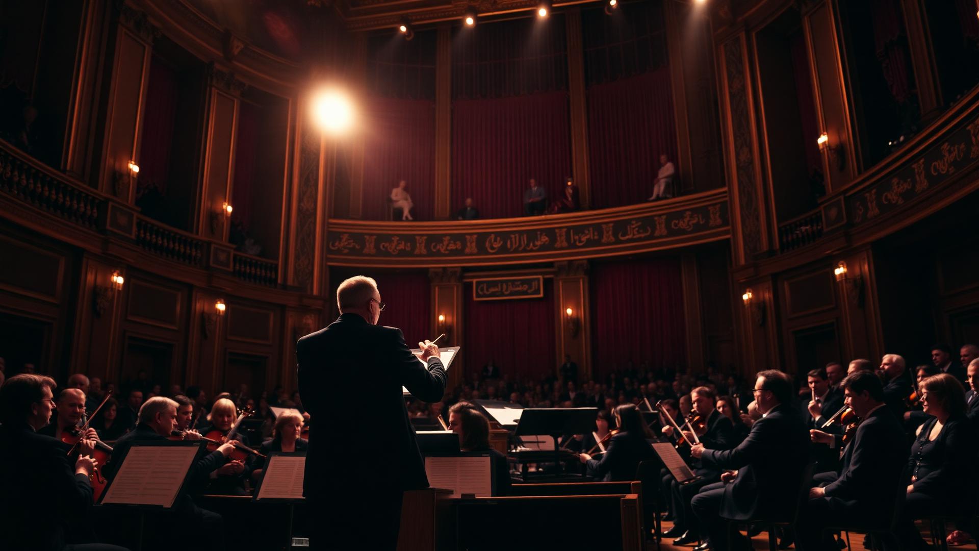 Symphony orchestra performing in grand concert hall with dramatic spotlight