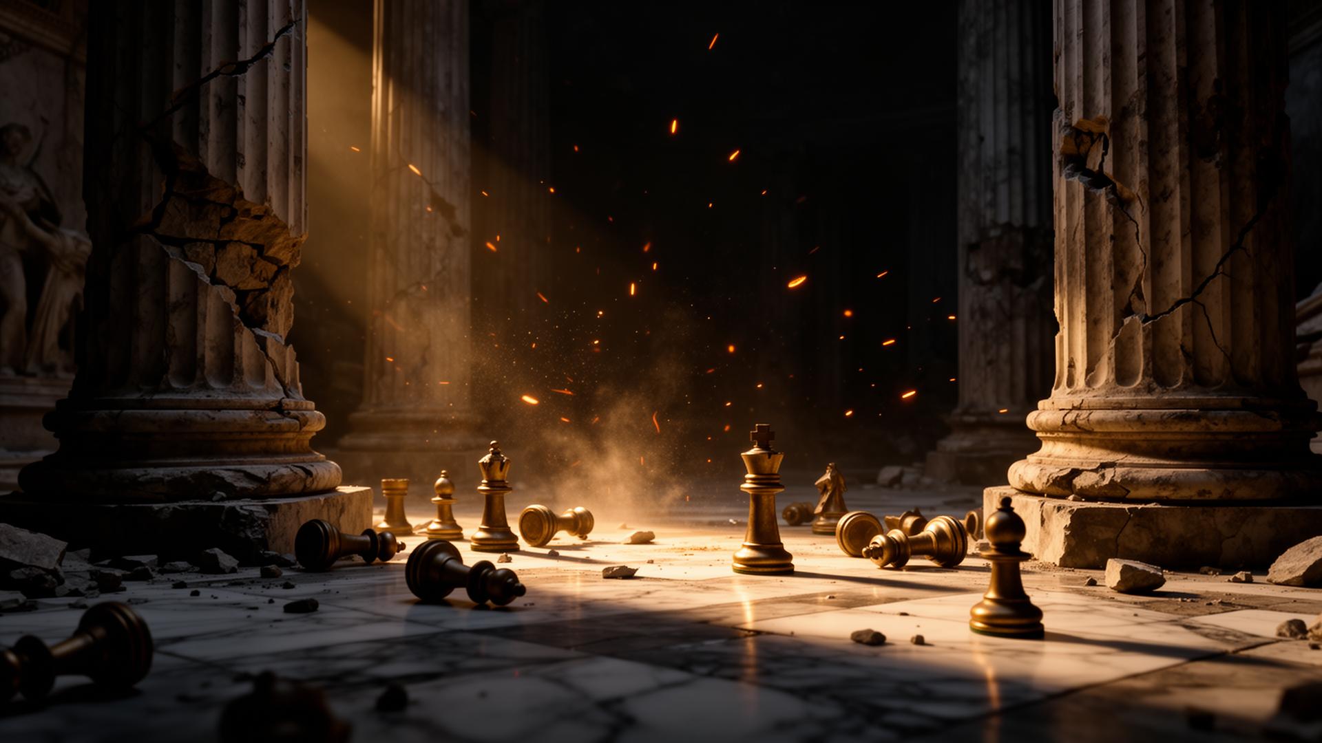 Crumbling empire columns and scattered chess pieces
